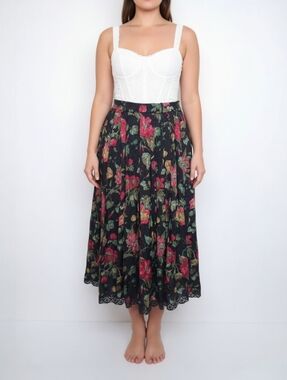 Vintage Berwin & Wolff Floral Maxi Skirt Prairie Cottagecore Lace Hem 42